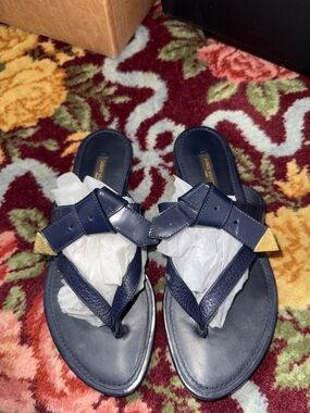 Louis Vuitton Navy Leather Thong Sandals with Gold-Tone Pyramid Accents